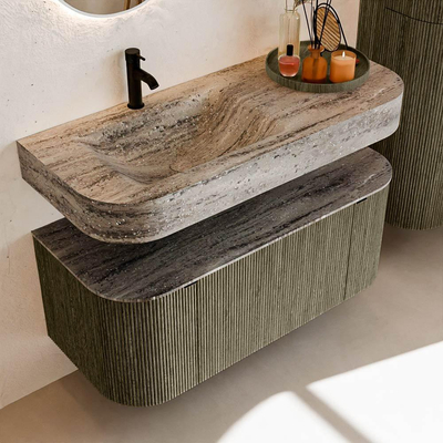 MONDIAZ THOR-DLUX Meuble de salle de bains - 110cm - arrondi gauche + droite - couleur Shadow - 1 tiroir - 2 portes - Vasque suspendue CLOUD Gauche 1 trou de robinet - couleur Oza