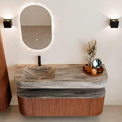 MONDIAZ THOR-DLUX 140cm meuble de salle de bains arrondi gauche + droite couleur Ruby avec 1 tiroir et 2 portes. Vasque suspendue CLOUD Gauche 1 trou de robinet couleur Oza.