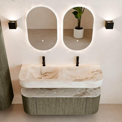 MONDIAZ THOR-DLUX 130cm meuble de salle de bains arrondi gauche + droite couleur Shadow avec 1 tiroir et 2 portes. Vasque suspendue CLOUD Double 2 trous de robinet couleur Frappe.