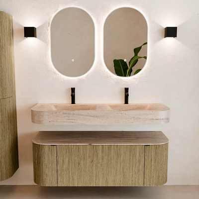 MONDIAZ THOR-DLUX Meuble de salle de bains 130cm arrondi gauche + droite couleur Dusk avec 1 tiroir et 2 portes. Vasque suspendue CLOUD Double 2 trous de robinet couleur Saba.