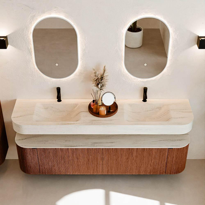 MONDIAZ THOR-DLUX Meuble de salle de bains 190cm arrondi gauche + droite couleur Ruby avec 2 tiroirs et 2 portes. Vasque suspendue CLOUD Double 2 trous de robinet couleur Meli.