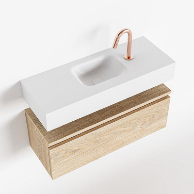 MONDIAZ ANDOR Meuble WC - 80x30x30cm - 1 trou de robinet - 1 tiroir - chêne blanchi mat - vasque centrale - Solid surface - Blanc