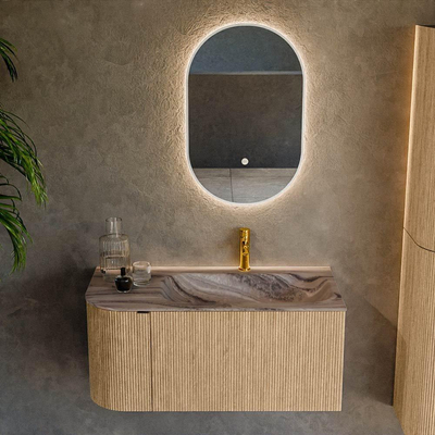 MONDIAZ KURVE-DLUX Meuble de salle de bains 95cm arrondi à gauche couleur Oak avec 1 tiroir et 1 porte. Lavabo BIG SMALL à droite 1 trou de robinet Sombra.