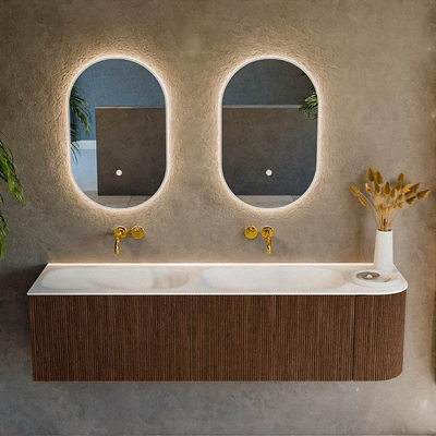 MONDIAZ KURVE 165cm Meuble salle de bain avec module 25 D - couleur Walnut - 2 tiroirs - 1 porte - vasque BIG SMALL double / gauche - sans trous de robinet - Talc