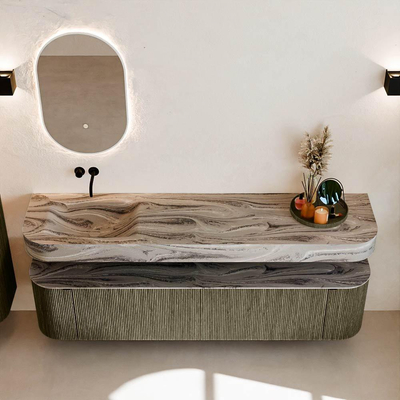 MONDIAZ THOR-DLUX Meuble de salle de bains 190cm arrondi gauche + droite couleur Shadow avec 2 tiroirs et 2 portes. Vasque suspendue CLOUD Gauche sans trou de robinet couleur Sombra.