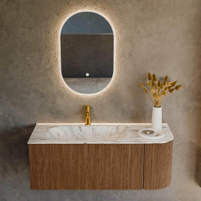 MONDIAZ KURVE-DLUX 115cm Meuble salle de bain avec module 25 D - couleur Walnut - 1 tiroir - 1 porte - vasque BIG SMALL gauche - 1 trou de robinet - couleur Glace