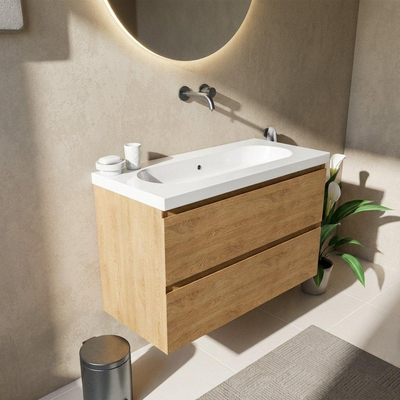 Saniclass Holz Pure Ensemble de meubles de salle de bains - 100x45x63.5cm - lavabo en céramique Palermo blanc - 1 vasque - sans trou de robinet - 2 tiroirs - chêne natural mat (bois)