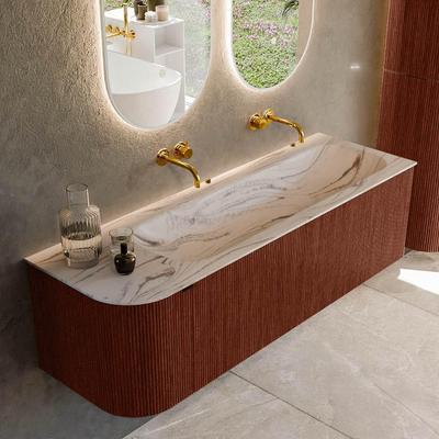 MONDIAZ KURVE-DLUX 145cm badmeubel ronding Links kleur Ruby met 1 lade en 1 deur. Wastafel BIG LARGE Rechts zonder kraangat Nata.