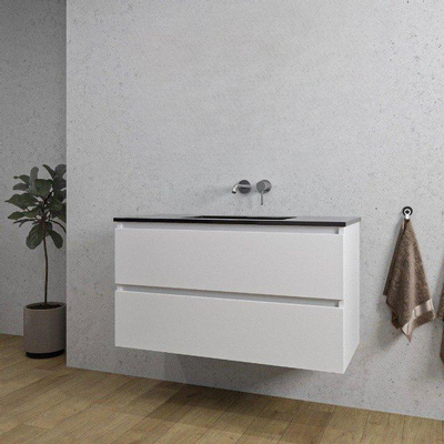 Saniclass Chaci Meuble de salle de bain - 100x45x55cm - lavabo en céramique noir mat - 1 vasque - sans trou de robinet - 2 tiroirs - blanc mat