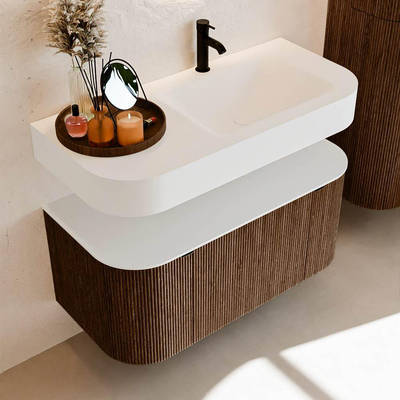 MONDIAZ THOR Meuble de salle de bains 100cm arrondi gauche + droite couleur Walnut avec 1 tiroir et 2 portes. Vasque suspendue CLOUD Droite 1 trou de robinet couleur Talc.