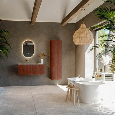 MONDIAZ KURVE-DLUX Meuble de salle de bains 105cm arrondi à droite couleur Ruby avec 1 tiroir et 1 porte. Lavabo BIG SMALL à gauche sans trou de robinet Oza.