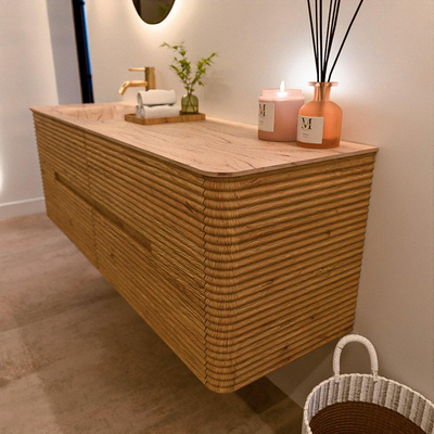 Mondiaz CIRO-DLUX Meuble de salle de bains - 150x45x50cm - Plan vasque solid surface Arena - 1 vasque à gauche - 1 trou de robinet - 4 tiroirs - Chêne