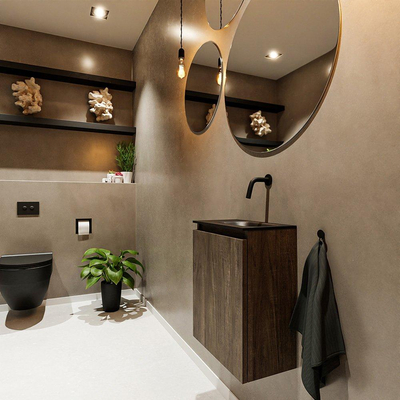 MONDIAZ TURE Fonteinset - 40x23x50cm - 0 kraangaten - 1 deur - dark brown mat - Wasbak rechts - Solid Surface Zwart