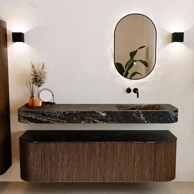 MONDIAZ THOR-DLUX 160cm meuble de salle de bains arrondi gauche + droite couleur Walnut avec 1 tiroir et 2 portes. Vasque suspendue CLOUD droite sans trou de robinet couleur Lava.