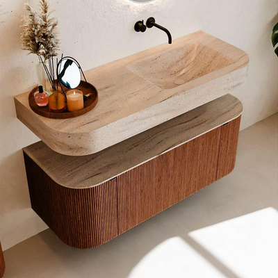 MONDIAZ THOR-DLUX 120cm meuble de salle de bains arrondi gauche + droite couleur Ruby avec 1 tiroir et 2 portes. Vasque suspendue CLOUD Droite sans trou de robinet couleur Saba.