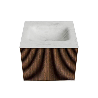 MONDIAZ KURVE-DLUX Meuble de salle de bains 50 cm couleur Walnut avec 1 tiroir. Lavabo GRUNNE central sans trou pour robinet couleur Opalo.