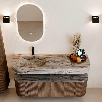 MONDIAZ THOR-DLUX 140cm badmeubel ronding links + rechts kleur Walnut met 1 lade en 2 deuren. Vrijhangende wastafel CLOUD Links 1 kraangat kleur Sombra.