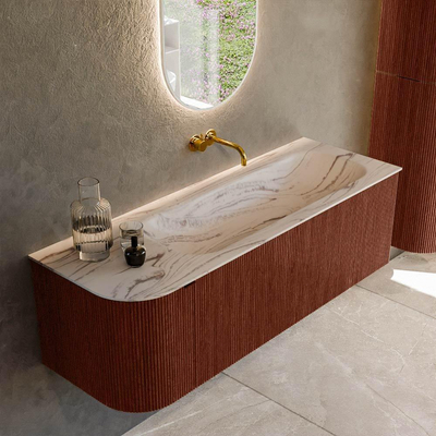 MONDIAZ KURVE-DLUX 135cm badmeubel ronding Links kleur Ruby met 1 lade en 1 deur. Wastafel BIG MEDIUM Rechts zonder kraangat Nata.