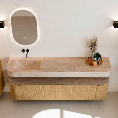 MONDIAZ THOR-DLUX Meuble de salle de bains - 190cm - arrondi gauche + droite - couleur Oak - 2 tiroirs - 2 portes - Vasque suspendue CLOUD Gauche sans trou de robinet - couleur Saba