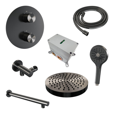 BRAUER Stripe Douche de tête thermostatique encastrable - 3 voies - ronde - SET 40 - pomme de douche 25cm - bras mural droit - douchette 3 positions - flexible de douche - coude mural - gunmetal brossé PVD