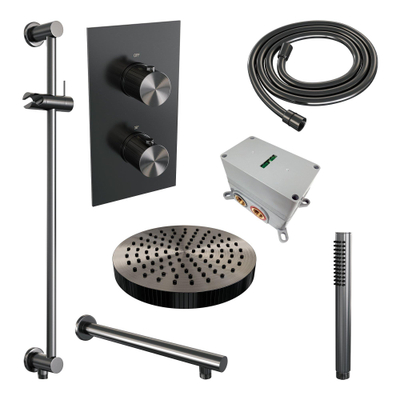 BRAUER Stripe Thermostatische Inbouw Regendouche - 3-weg - rechthoekig - SET 19 - 25cm douchekop - rechte muurarm - staaf handdouche - doucheslang - geïntegreerde glijstang - gunmetal geborsteld PVD