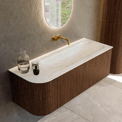 MONDIAZ KURVE-DLUX meuble de salle de bains 125 cm avec module 25 L couleur Walnut avec 1 tiroir et 1 porte. Lavabo BIG MEDIUM à droite sans trou de robinet couleur Ostra.
