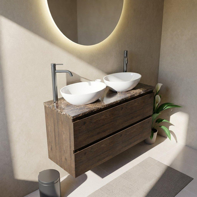 Saniclass Holz Pure Ensemble de meubles de salle de bains - 120x45x63cm - Plan de travail en pierre naturelle Noche dark emperador - 2 trous de robinet - 4 tiroirs - chêne charcoal mat (bois)