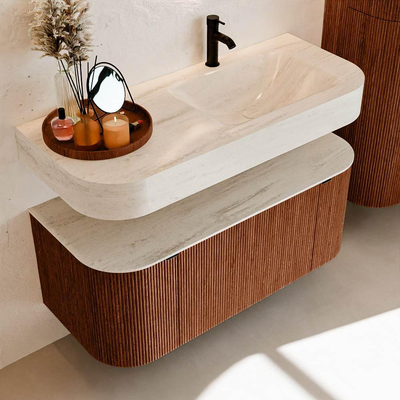 MONDIAZ THOR-DLUX Meuble de salle de bains 110cm arrondi gauche + droite couleur Ruby avec 1 tiroir et 2 portes. Vasque suspendue CLOUD Droite 1 trou de robinet couleur Meli.