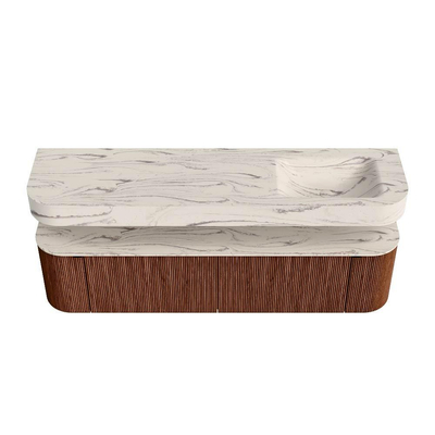 MONDIAZ THOR-DLUX Meuble de salle de bains 180cm arrondi gauche + droite couleur Ruby avec 2 tiroirs et 2 portes. Vasque suspendue CLOUD Droite sans trou de robinet couleur Nata.