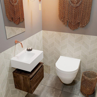 MONDIAZ ANDOR Meuble WC - 40x30x30cm - 0 trous de robinet - 1 tiroirs - brun foncé mat - vasque à gauche - Solid surface - Blanc