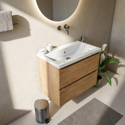 Saniclass Holz Pure Ensemble meuble de salle de bains - 80x45x63.5cm - lavabo Bari en céramique blanc - 1 vasque - sans trou de robinet - 2 tiroirs - chêne natural mat (bois)