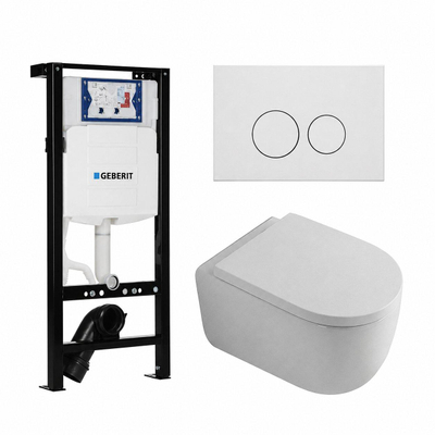 QeramiQ Dely Swirl Toiletset - 36.3x51.7cm - diepspoel - rimless - Geberit UP320 plieger inbouwreservoir - 35mm zitting - mat witte metalen bedieningsplaat - ronde knoppen - mat wit