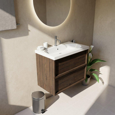 Saniclass Holz Frame Ensemble meuble de salle de bains - 80x45x63.5cm - lavabo en céramique Palermo blanc - 1 vasque - 1 trou de robinet - 2 tiroirs - chêne charcoal mat (bois)