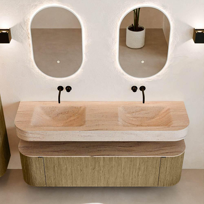 MONDIAZ THOR-DLUX 160cm meuble de salle de bains arrondi gauche + droite couleur Dusk avec 1 tiroir et 2 portes. Vasque suspendue CLOUD Double sans trou de robinet couleur Saba.