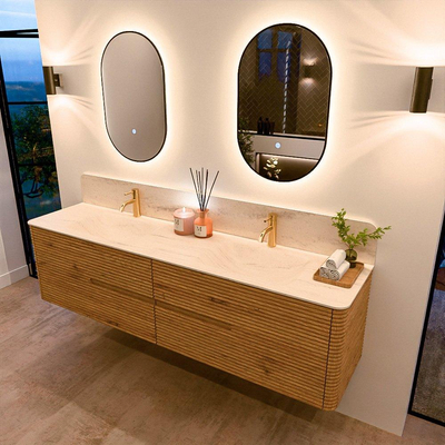 Mondiaz CIRO-DLUX Ensemble de meubles de salle de bains - 190x45x50cm - lavabo Solid surface Meli - 2 vasques Double - 2 trous de robinet - 4 tiroirs - Chêne
