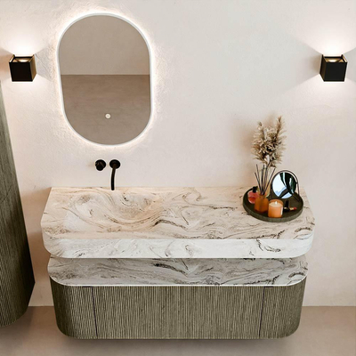 MONDIAZ THOR-DLUX 140cm meuble de salle de bains arrondi gauche + droite couleur Shadow avec 1 tiroir et 2 portes. Vasque suspendue CLOUD Gauche sans trou de robinet couleur Glace.