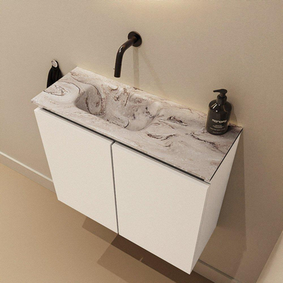 MONDIAZ TURE-DLUX Meuble de toilettes 60 cm Talc. Lavabo EDEN Glace position gauche. Sans trou de robinet.