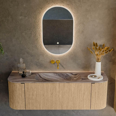 MONDIAZ KURVE-DLUX 140cm badmeubel ronding Links + Rechts kleur Oak met 1 lade en 2 deuren. Wastafel BIG SMALL Midden zonder kraangat Sombra.