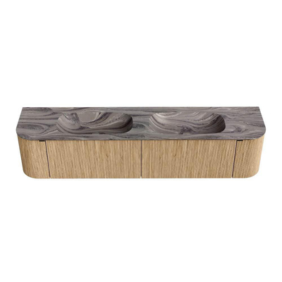 MONDIAZ KURVE-DLUX 200cm badmeubel ronding Links + Rechts kleur Oak met 2 lades en 2 deuren. Wastafel STOR SMALL Dubbel zonder kraangat Sombra.