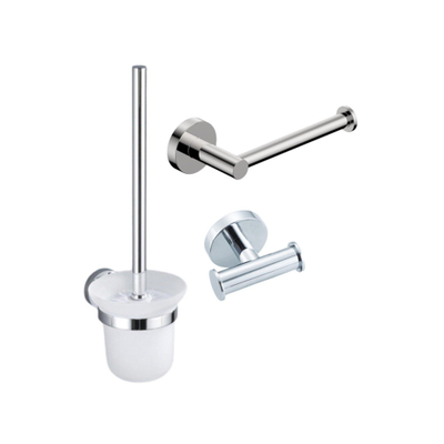 FugaFlow Eccelente Ensemble d'accessoires WC 3 pièces - porte-rouleau sans couvercle - brosse WC - double crochet rond pour serviette - Chrome