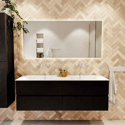 MONDIAZ VICA meuble sous lavabo 150cm Urban 4 tiroirs. Lavabo CLOUD double sans trou de robinet, couleur Talc.