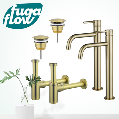 FugaFlow Eccelente Sobrado Badkamer Slim Wastafelkraanset - voor dubbele wastafel - verhoogde wastafelkraan - always open plug - design sifon - PVD Geborsteld Messing