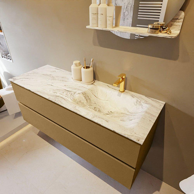 Mondiaz VICA-DLUX Ensemble de meuble de salle de bain - 130cm - meuble sous-vasque oro - 2 tiroirs - lavabo encastré cloud droite - 1 trou de robinet - version haute de 60cm - glace