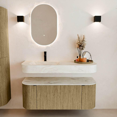 MONDIAZ THOR-DLUX Meuble de salle de bains 120cm arrondi gauche + droite couleur Dusk avec 1 tiroir et 2 portes. Vasque suspendue CLOUD Gauche 1 trou de robinet couleur Ostra.