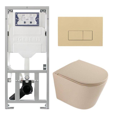 QeramiQ Dely Toiletset - 36.3x51.7cm - diepspoel - rimless - Geberit UP320 inbouwreservoir - softclose toilet zitting - bedieningsplaat beige - rechthoekige knoppen - mat beige