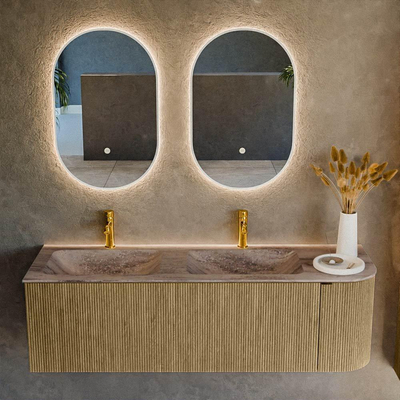 MONDIAZ KURVE-DLUX 145cm badmeubel ronding Rechts kleur Dusk met 1 lade en 1 deur. Wastafel LEAF Dubbel / Links 2 kraangaten Oza.