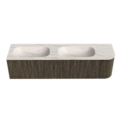 MONDIAZ KURVE-DLUX Meuble de salle de bains 175 cm arrondi Droite couleur Shadow avec 2 tiroirs et 1 porte. Lavabo STOR SMALL Double / Gauche 2 trous de robinet Meli.