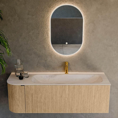 MONDIAZ KURVE-DLUX Meuble de salle de bains 135 cm arrondi à gauche couleur Chêne avec 1 tiroir et 1 porte. Lavabo BIG MEDIUM à droite 1 trou de robinet Meli.