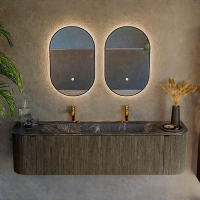 Mondiaz KURVE-DLUX Badkamermeubelset - 170x46x40cm - 1 lade - 2 deuren - wastafel solid surface - midden - 2 kraangaten - Shadow