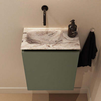 MONDIAZ TURE-DLUX Meuble toilette - 40cm - Army - EDEN - vasque Glace - position gauche - sans trou de robinet